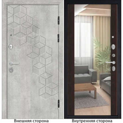 Входная дверь снаружи МДФ панель G45 цвет серый бетон Внутренняя отделка Зеркало цвет темный орех рифленый (Венге)