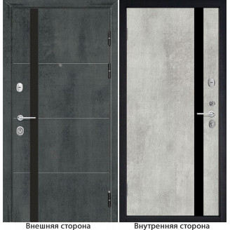 Входная дверь снаружи МДФ панель G59 цвет темный бетон остекление черный лакобель Внутри G7 цвет бетон серый стекло черный лакобель