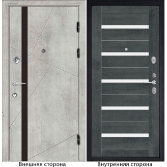 Входная дверь снаружи МДФ панель G48 цвет бетон серый остекление черный лакобель Внутри S1 цвет бетон темный стекло белый лакобель