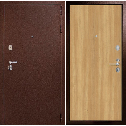 Входная дверь снаружи металл антик медный Внутренняя отделка G-гладкая цвет лиственница золотистая глухая
