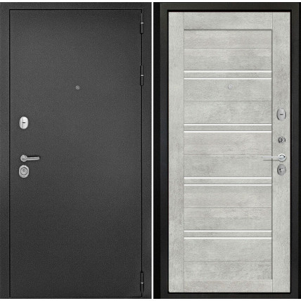 Входная дверь снаружи металл антик серебро Внутренняя отделка S65 цвет бетон серый стекло белый лакобель