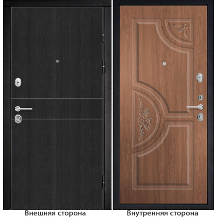 Входная дверь снаружи МДФ панель G32 цвет тёмный орех рифлёный Внутри Б8 цвет орех королевский