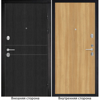 Входная дверь снаружи МДФ панель G32 цвет темный орех рифленый Внутри G гладкая цвет лиственница золотистая