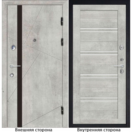 Входная дверь снаружи МДФ панель G48 цвет бетон серый остекление черный лакобель Внутри S65 цвет бетон серый стекло белый лакобель