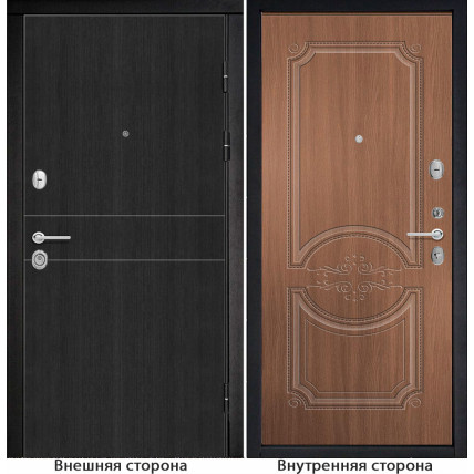 Входная дверь снаружи МДФ панель G32 цвет тёмный орех рифлёный Внутри Б5 цвет орех королевский