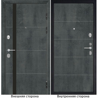 Входная дверь снаружи МДФ панель G59 цвет темный бетон остекление черный лакобель Внутри G34 цвет бетон темный