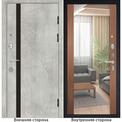 Входная дверь снаружи МДФ панель G48 цвет серый бетон Внутренняя отделка Зеркало цвет орех королевский