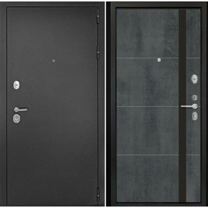 Входная дверь снаружи металл антик серебро Внутренняя отделка G58 цвет бетон темный стекло черный лакобель