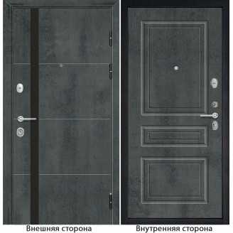 Входная дверь снаружи МДФ панель G59 цвет темный бетон остекление черный лакобель Внутри Б11 цвет бетон темный