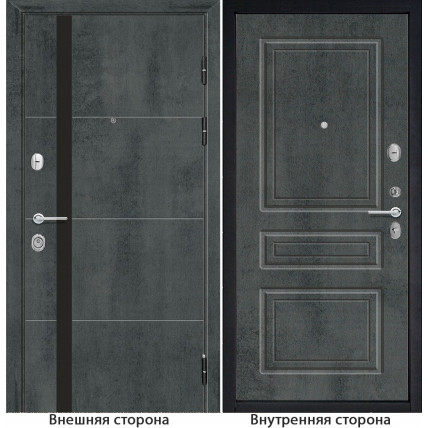 Входная дверь снаружи МДФ панель G59 цвет темный бетон остекление черный лакобель Внутри Б11 цвет бетон темный