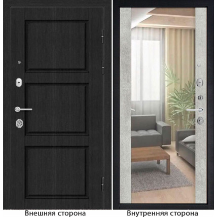 Входная дверь снаружи МДФ панель Б25 цвет темный орех рифленый Внутренняя отделка Зеркало цвет Серый бетон