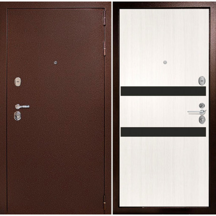 Входная дверь снаружи металл антик медный Внутренняя отделка G1 цвет лиственница беленая стекло черный лакобель