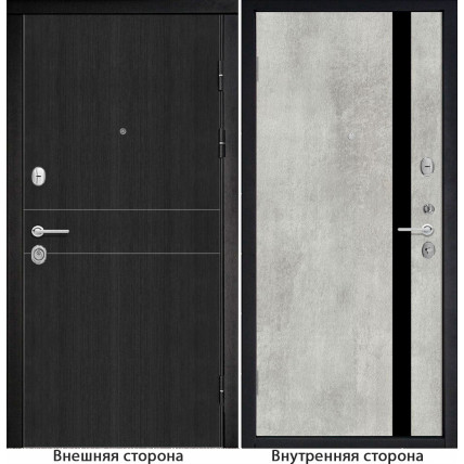Входная дверь снаружи МДФ панель G32 цвет темный орех рифленый Внутри G7 цвет бетон серый стекло черный лакобель