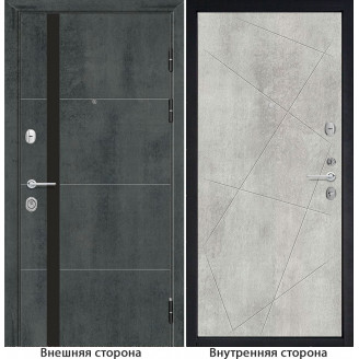 Входная дверь снаружи МДФ панель G59 цвет темный бетон остекление черный лакобель Внутри G23 цвет бетон серый
