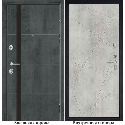Входная дверь снаружи МДФ панель G59 цвет темный бетон остекление черный лакобель Внутри G23 цвет бетон серый