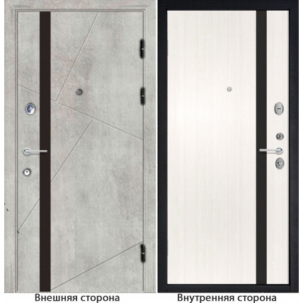 Входная дверь снаружи МДФ панель G48 цвет бетон серый остекление черный лакобель Внутри G7 цвет лиственница беленая стекло черный лакобель