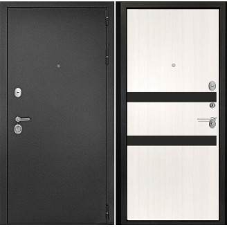 Входная дверь снаружи металл антик серебро Внутренняя отделка G1 цвет лиственница беленая стекло черный лакобель