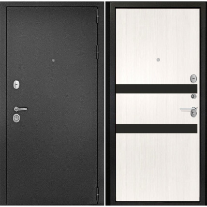 Входная дверь снаружи металл антик серебро Внутренняя отделка G1 цвет лиственница беленая стекло черный лакобель