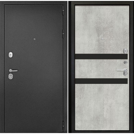 Входная дверь снаружи металл антик серебро Внутренняя отделка G1 цвет бетон серый стекло черный лакобель