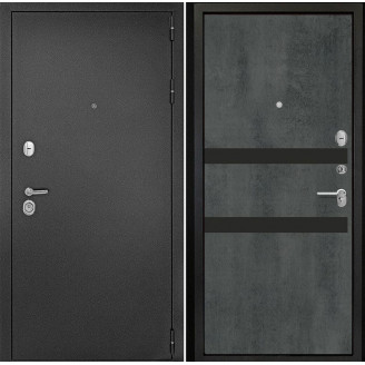Входная дверь снаружи металл антик серебро Внутренняя отделка G1 цвет бетон темный стекло черный лакобель