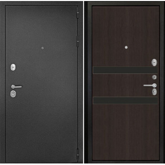 Входная дверь снаружи металл антик серебро Внутренняя отделка G1 цвет орех темный рифленый стекло черный лакобель