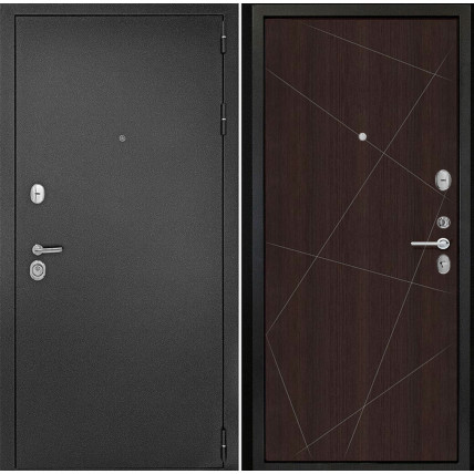 Входная дверь снаружи металл антик серебро Внутренняя отделка G23 цвет орех темный рифленый глухая