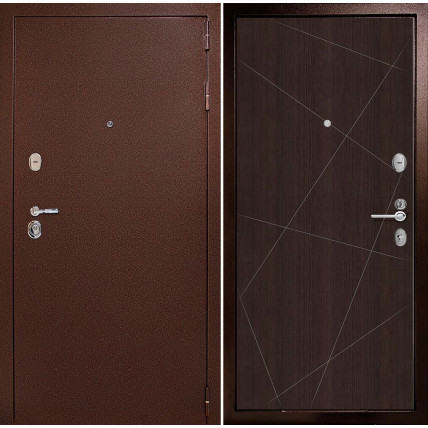 Входная дверь снаружи металл антик медный Внутренняя отделка G23 цвет орех темный рифленый глухая
